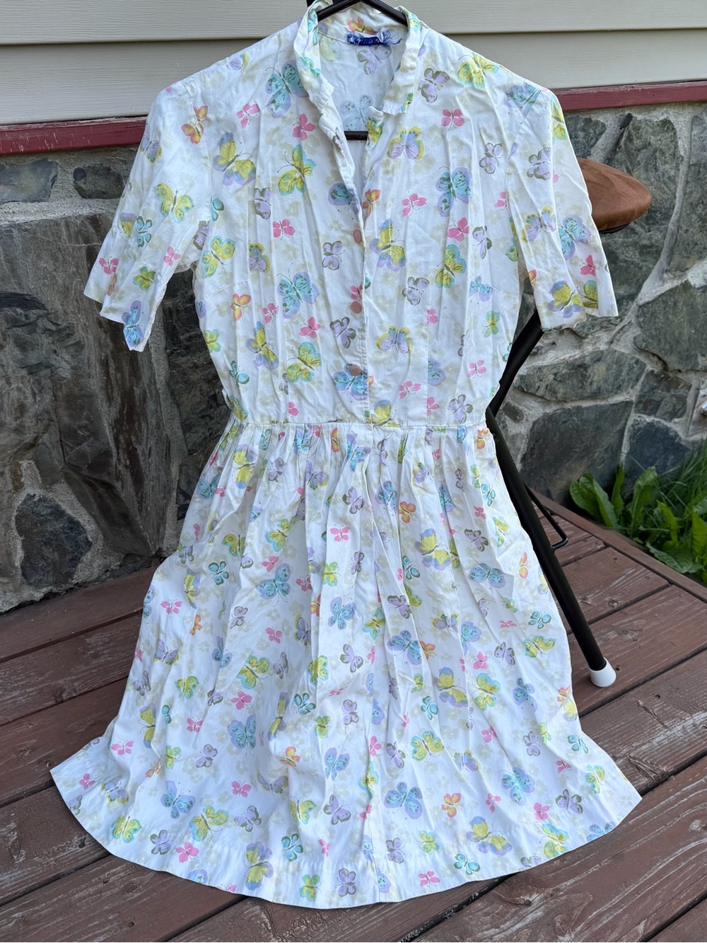 Vintage White Midi Dress with Pastel Butterfly Print